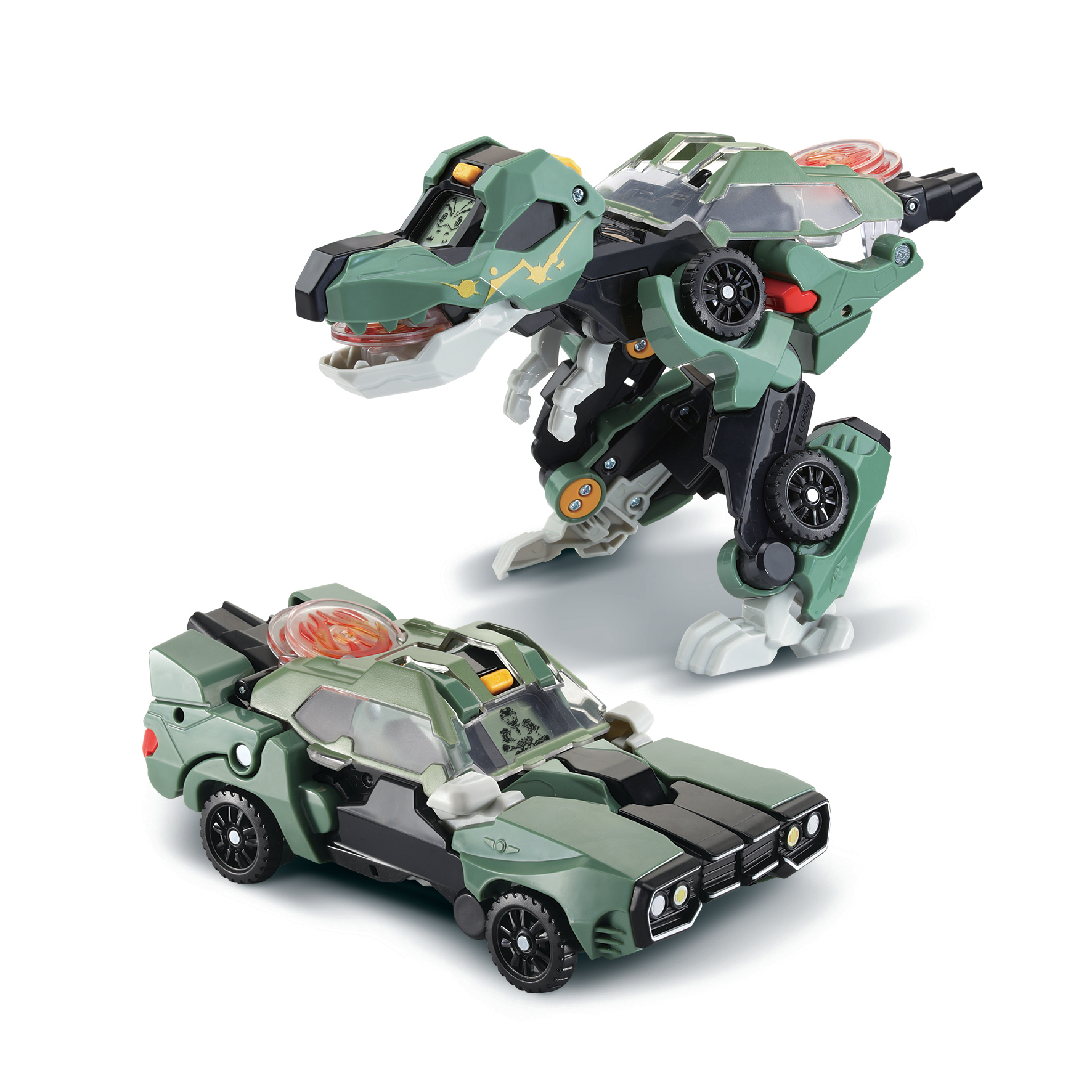 Ein grünes Spielzeug in zwei Formen: ein Auto und ein Dinosaurier. Der Dinosaurier hat eine Autokabine auf dem Rücken. Beide stehen auf weißem Grund.