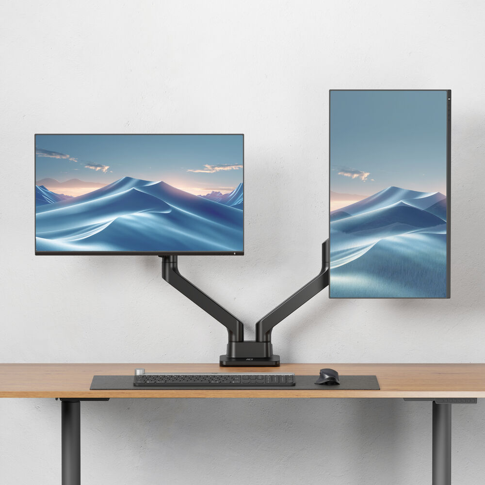 Deux moniteurs affichent un paysage montagneux. Clavier, souris et tapis de souris sur un bureau en bois. Moniteurs sur bras noirs.