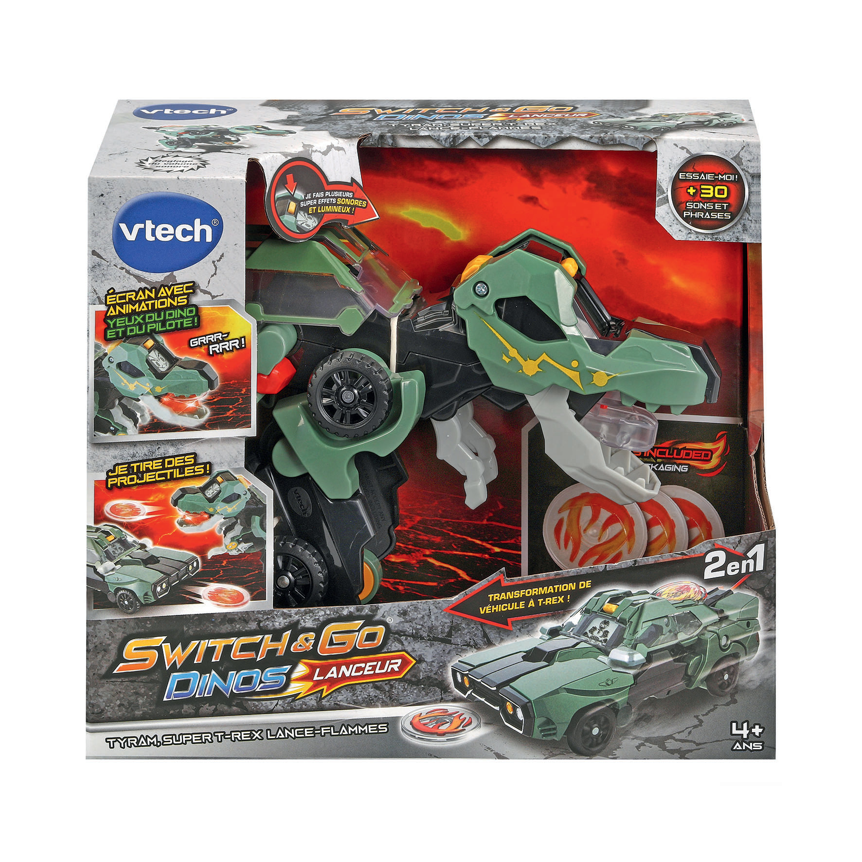 Verpacktes grünes Spielzeug, ein sich verwandelnder T-Rex mit Automodus. Enthält Logos wie 'Switch & Go Dinos', 'Vtech', Alter 4+.