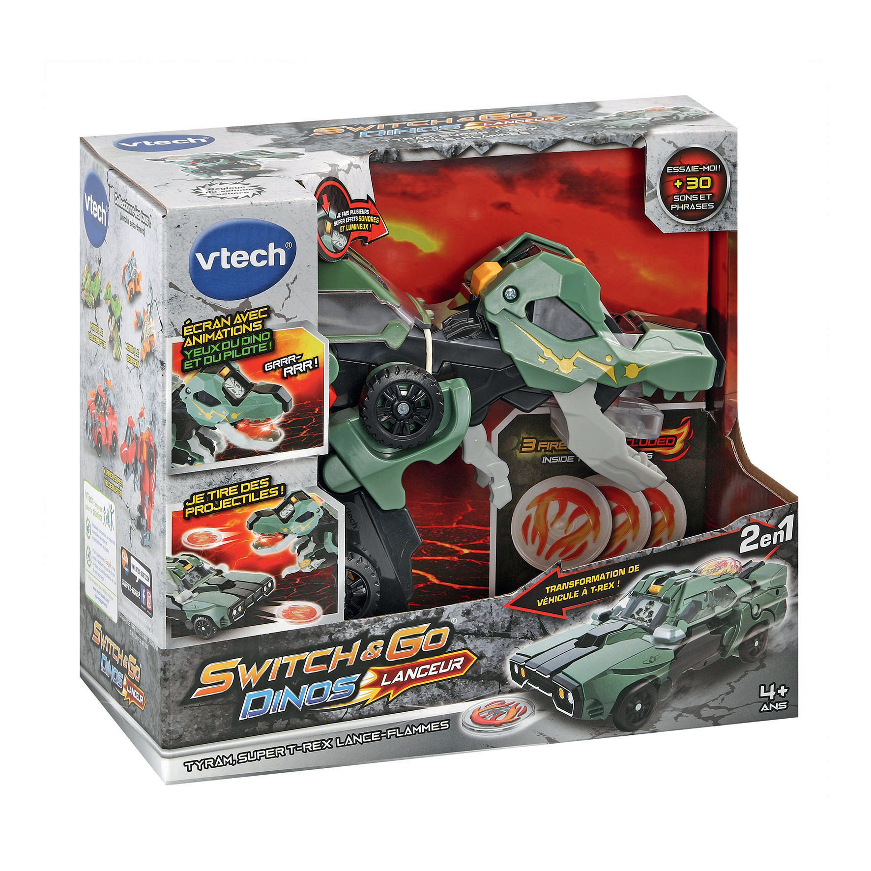 Verpacktes Vtech Switch & Go Dinos Spielzeug. Grünes, dinosaurierartiges Fahrzeug verwandelt sich. Enthält Sätze und Geräusche.