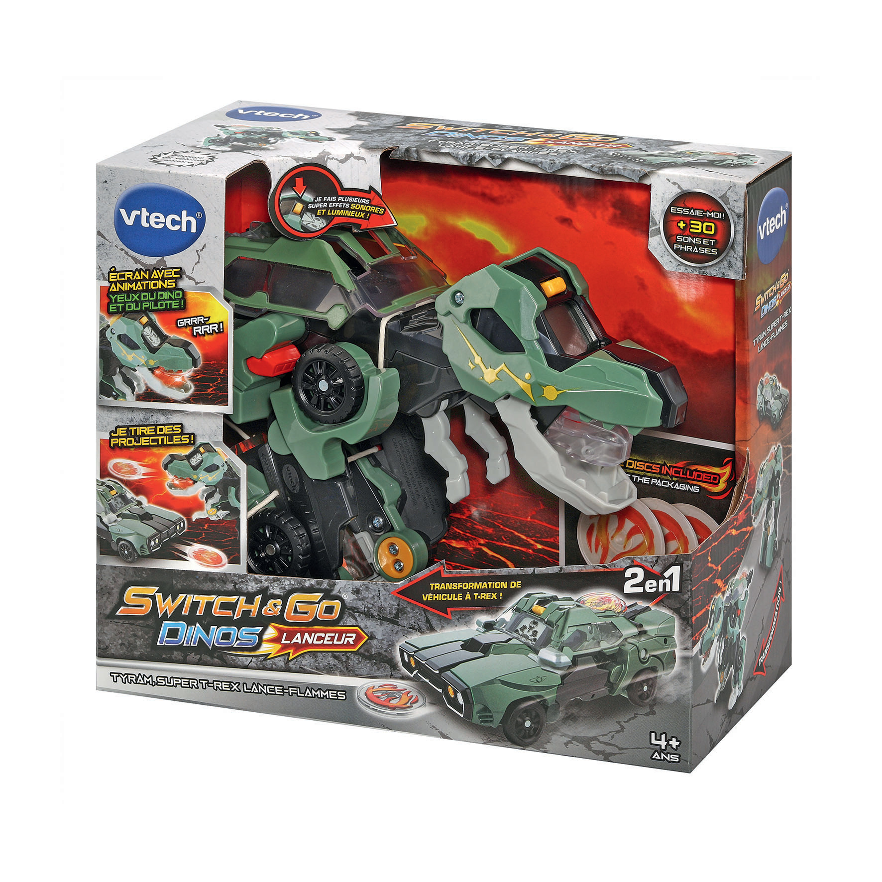 Verpacktes VTech Switch & Go Dinos Spielzeug. Es ist ein grüner T-Rex, der sich in ein Fahrzeug verwandelt. Die Box hat Text und Bilder.