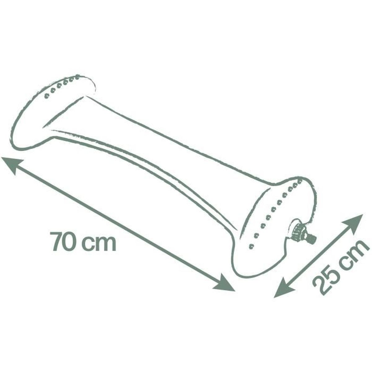 Diagramm eines zylindrischen Objekts mit den Maßen: 70 cm lang und 25 cm breit. Es hat ein abgerundetes Ende und ein detailliertes Ende.