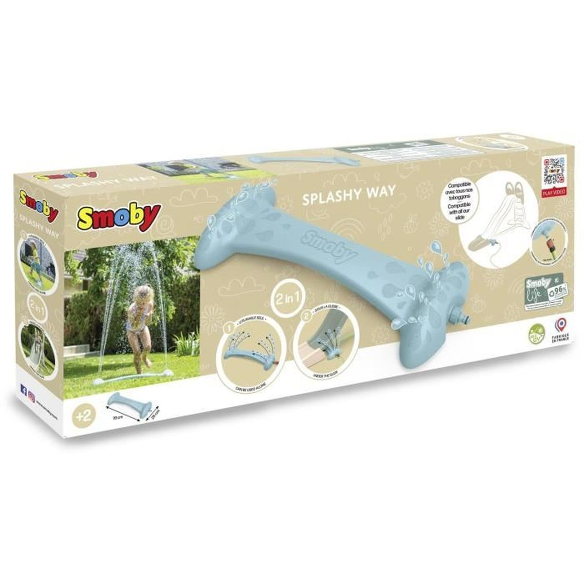 Eine Smoby Splashy Way Spielzeugkiste. Es zeigt ein Kind, das mit Wasser spielt. Oben auf der Box befindet sich ein blauer Wassersprüher.