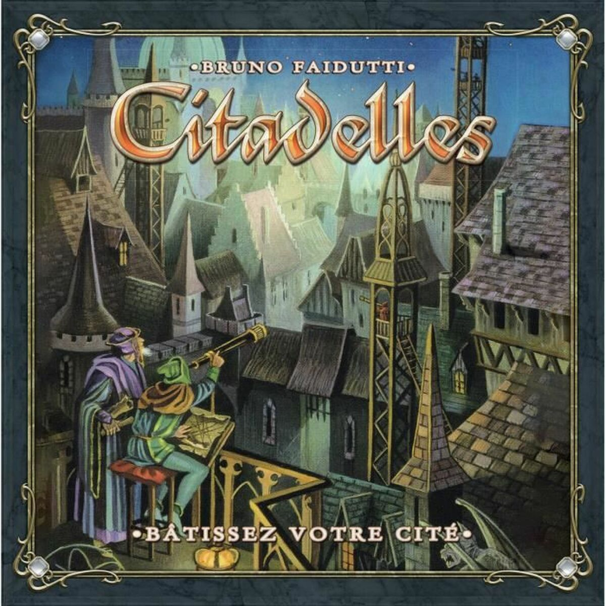 Citadelles bordspelcover. Twee figuren op een balkon gebruiken een telescoop. Stadsgezicht met torens en de titel 'Citadelles' bovenaan.