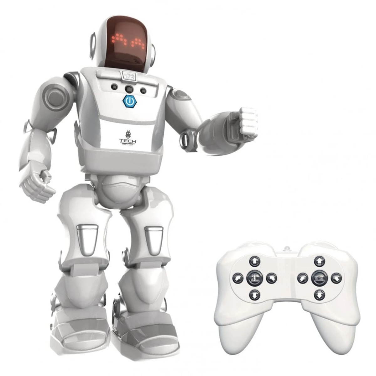 Un robot de juguete blanco con un control remoto, sobre un fondo blanco. El robot tiene una visera marrón y levanta su brazo derecho.