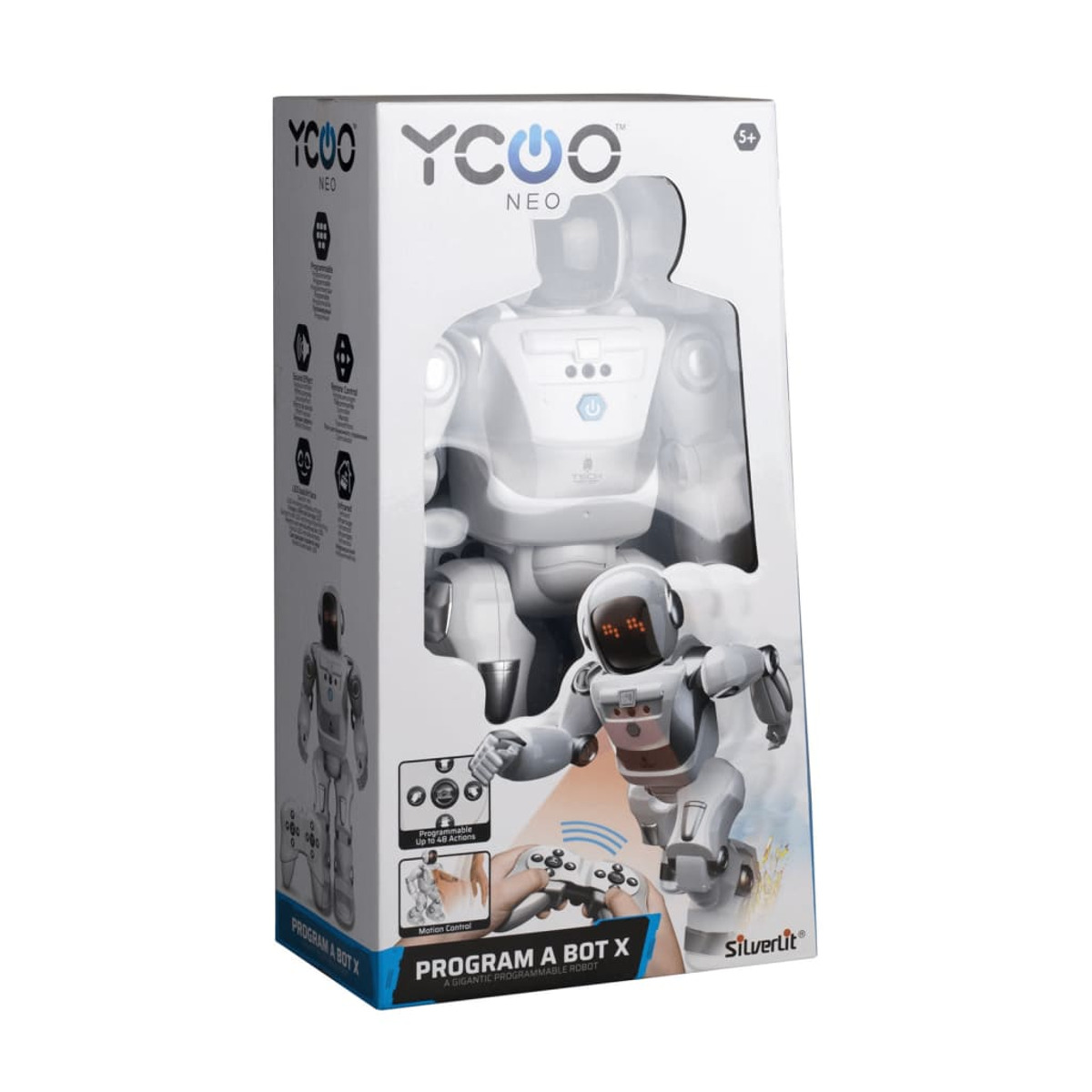 Un juguete de robot en una caja. La caja tiene una imagen del robot y dice 'Program A Bot X'.