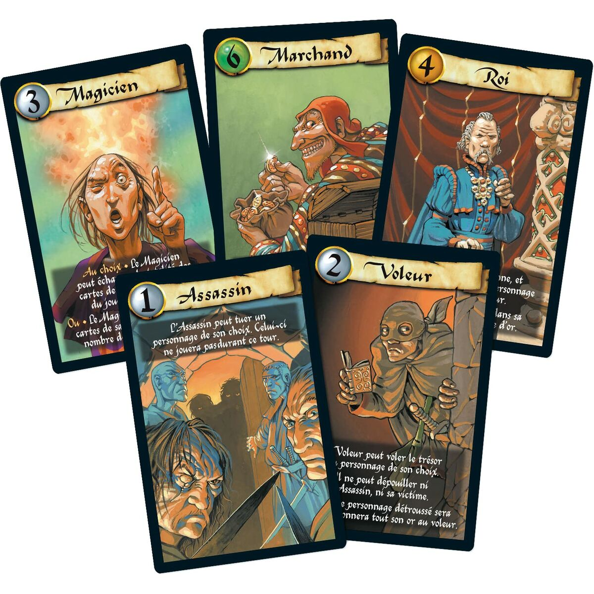 Vijf fantasy-speelkaarten: Magier, Handelaar, Koning, Moordenaar en Dief. Elke kaart toont een personage met unieke illustraties en tekst.