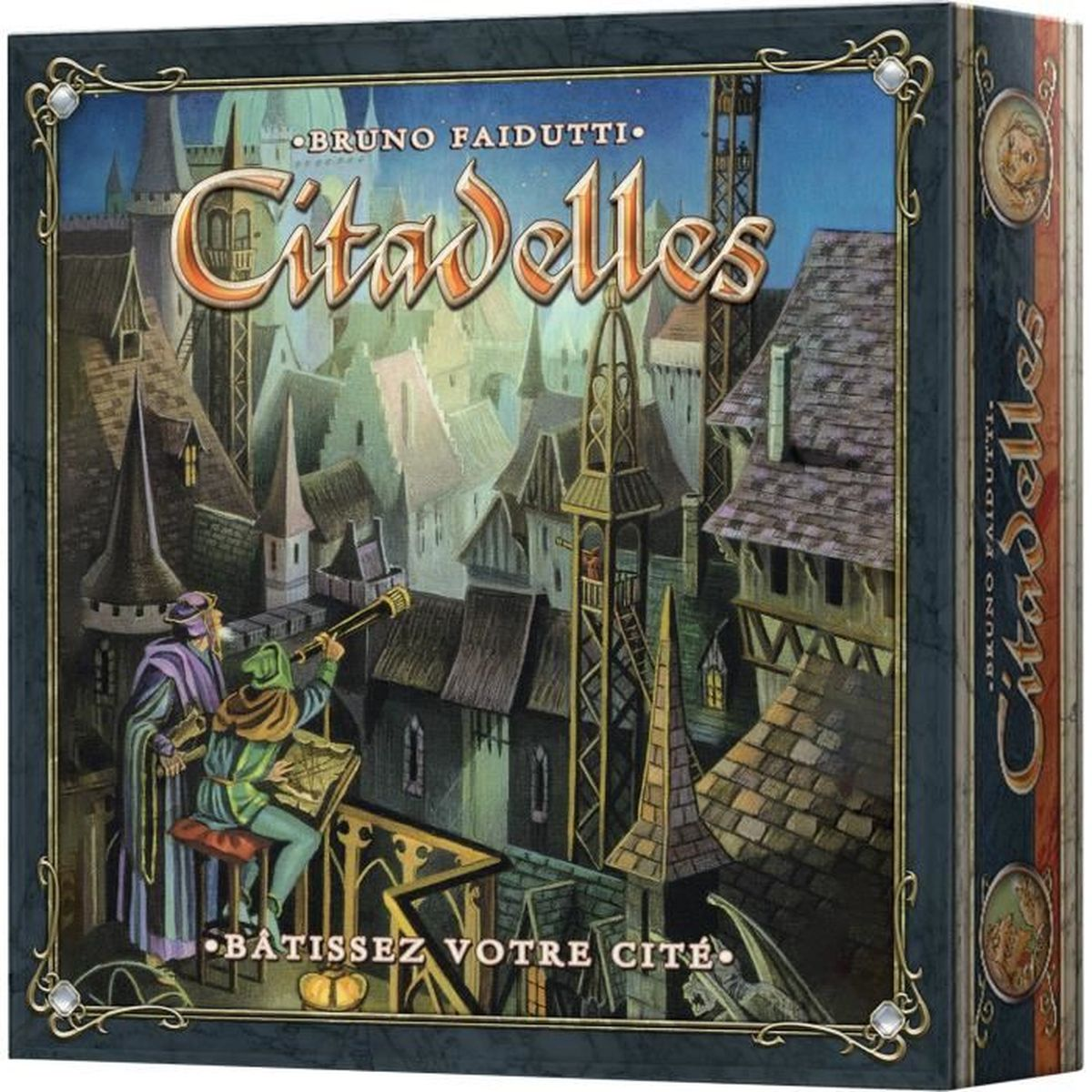 Citadelles bordspel doosafbeelding. Twee figuren op een balkon kijken naar een stad met torens. De titel in grote oranje letters.