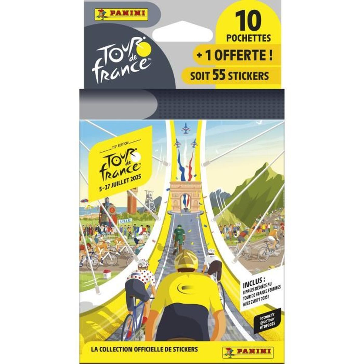 Poster für Tour de France-Aufkleber. Radfahrer rasen auf einer Straße zum Arc de Triomphe. Berge und Fahnen sind im Hintergrund.