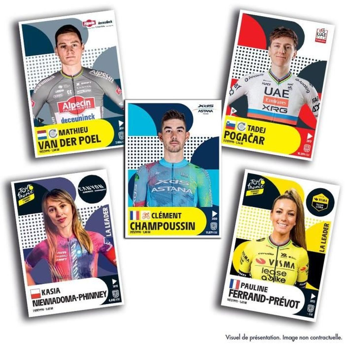 Fünf Radkarten mit Athletennamen und Teamlogos, darunter Mathieu van der Poel und Tadej Pogačar.