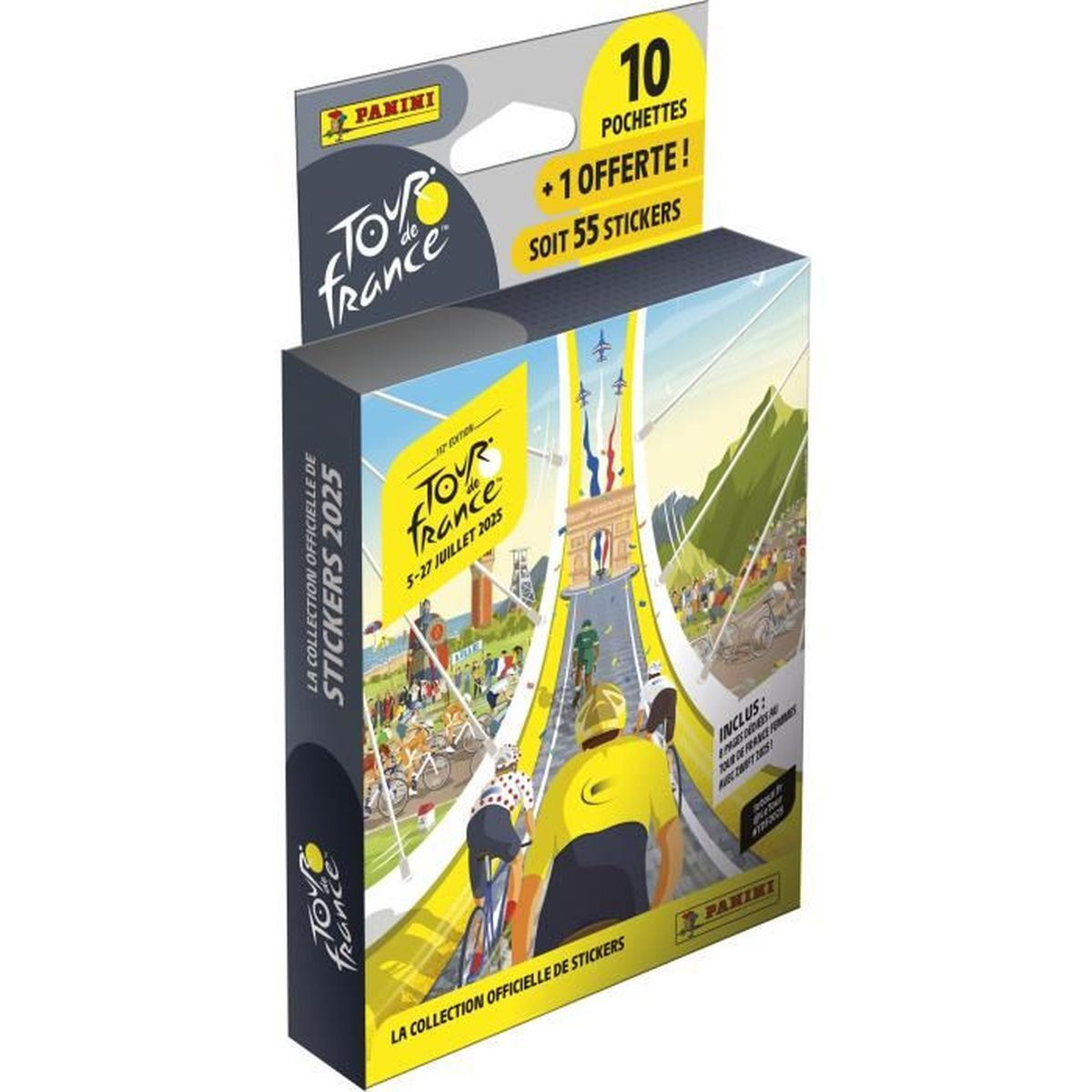 Eine Tour de France Stickerpackung. Die Box zeigt Radfahrer, den Arc de Triomphe und das Tour de France Logo. Enthält 55 Sticker.