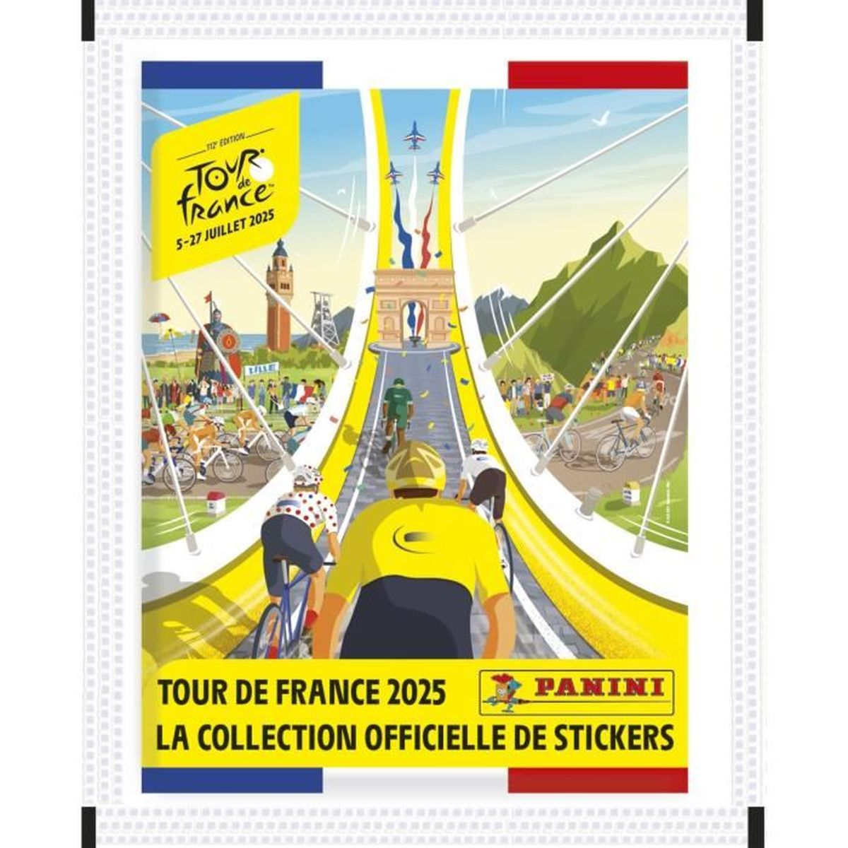 Tour de France 2025 Poster mit Radfahrern, Arc de Triomphe und Bergen. Gelbes Trikot Fahrer im Vordergrund, Menschenmenge im Hintergrund.