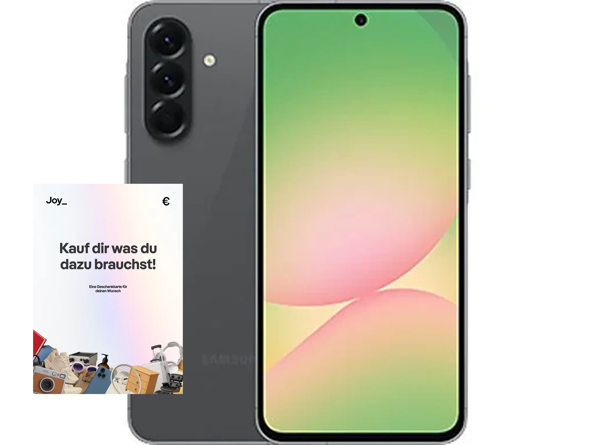 Ein graues Samsung-Handy mit einer Geschenkkarte, die Text auf Deutsch und verschiedene Gegenstände zeigt.