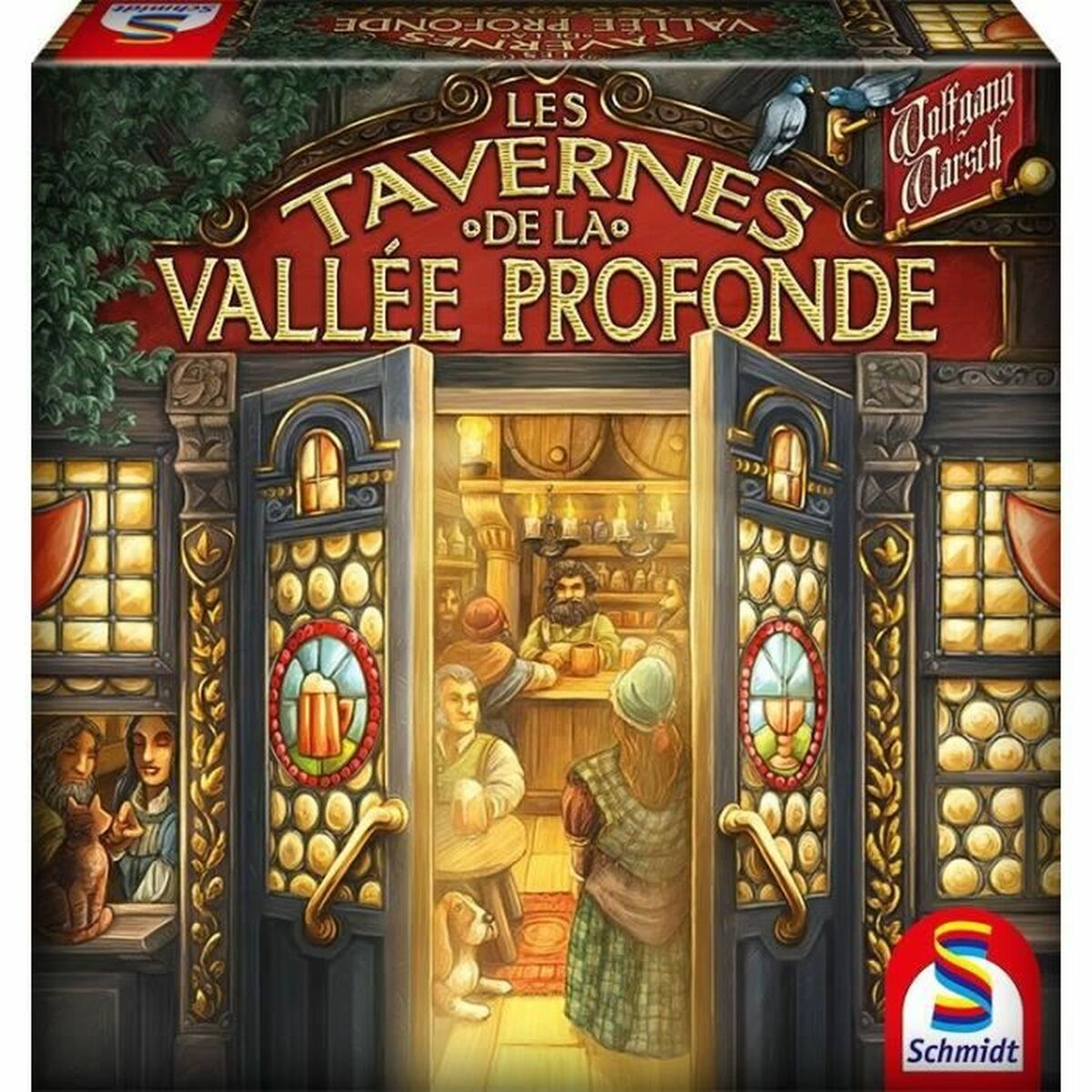 Een speldoos toont een tavernescène. Er zijn mensen in de taverne en een vrouw die binnenkomt. Het bord zegt 'Les Tavernes de la Vallée Profonde'.