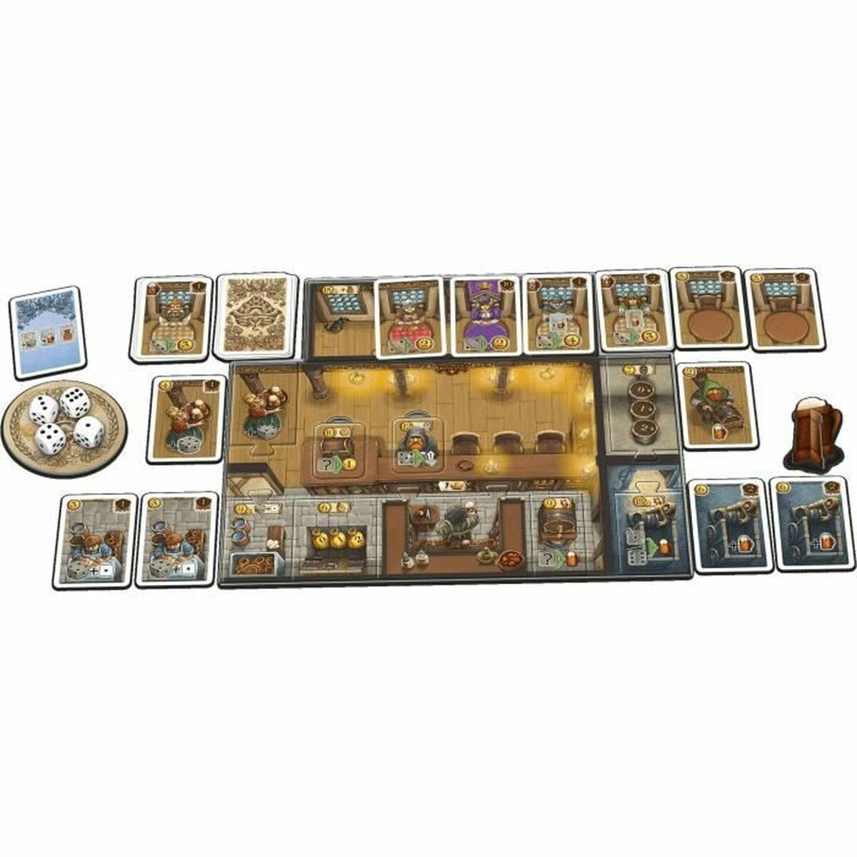 Bordspelopstelling. Kaarten, dobbelstenen en fiches omringen een spelbord dat een pubinterieur afbeeldt met klanten en bedieningsgebieden.