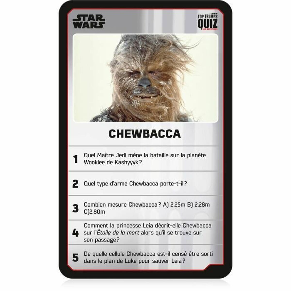 Una carta de Star Wars Top Trumps. Presenta a Chewbacca, con preguntas de texto sobre el personaje y una imagen de Chewbacca.