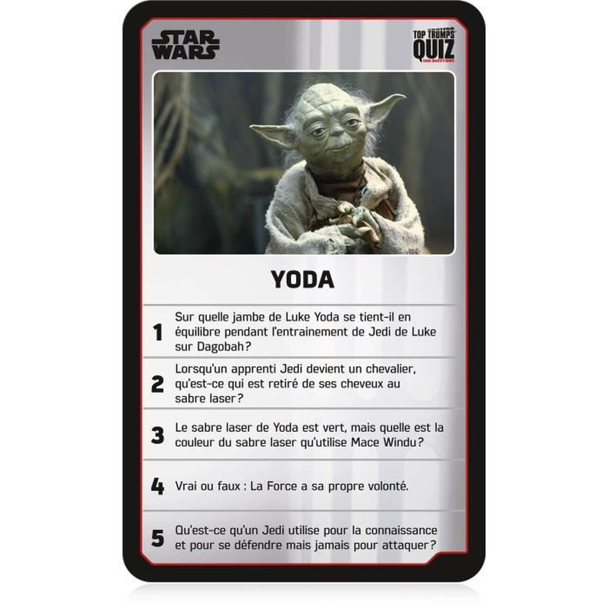 Yoda en una carta de Star Wars. Es de color verde claro, con orejas grandes. La carta tiene preguntas de prueba en la parte inferior.