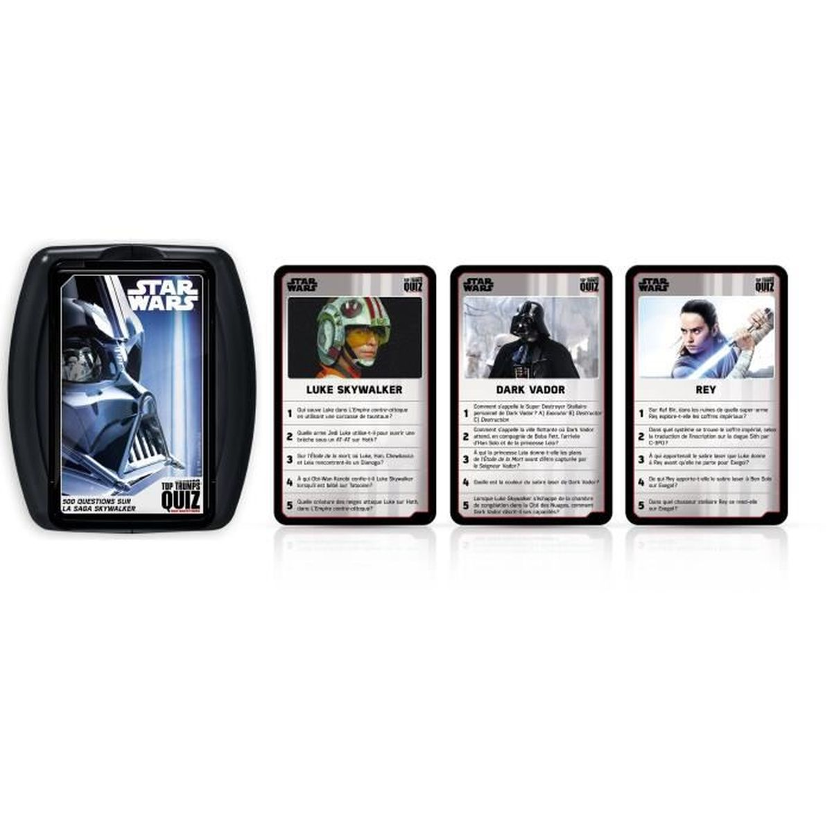 Juego de preguntas Top Trumps de Star Wars. Incluye cartas con Luke Skywalker, Dark Vader y Rey. Un estuche negro guarda las cartas.