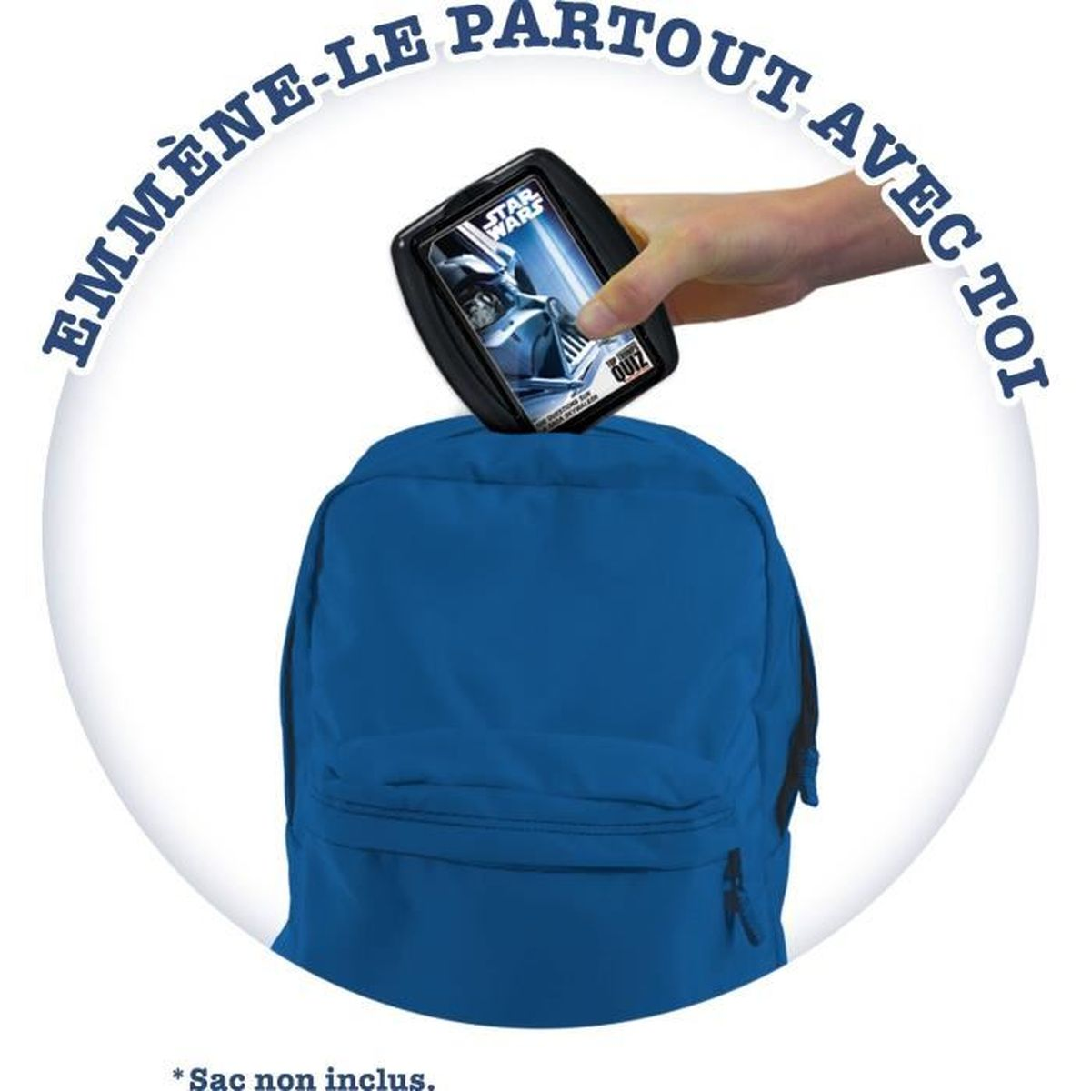 Una mano coloca una tarjeta de Star Wars en una mochila azul. El texto alrededor dice 'Llévalo contigo a todas partes'.