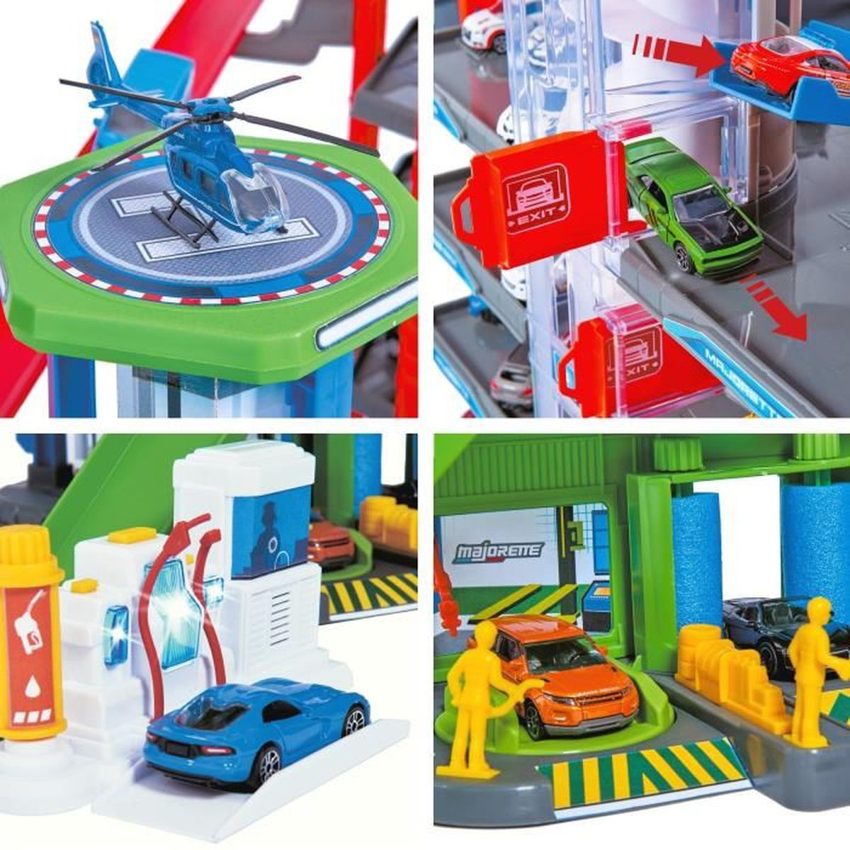 Ein Spielzeug-Autogarage mit Hubschrauber, Autos und Tankstelle. Es hat Rampen, ein Ausgangsschild und eine Autowaschanlage.