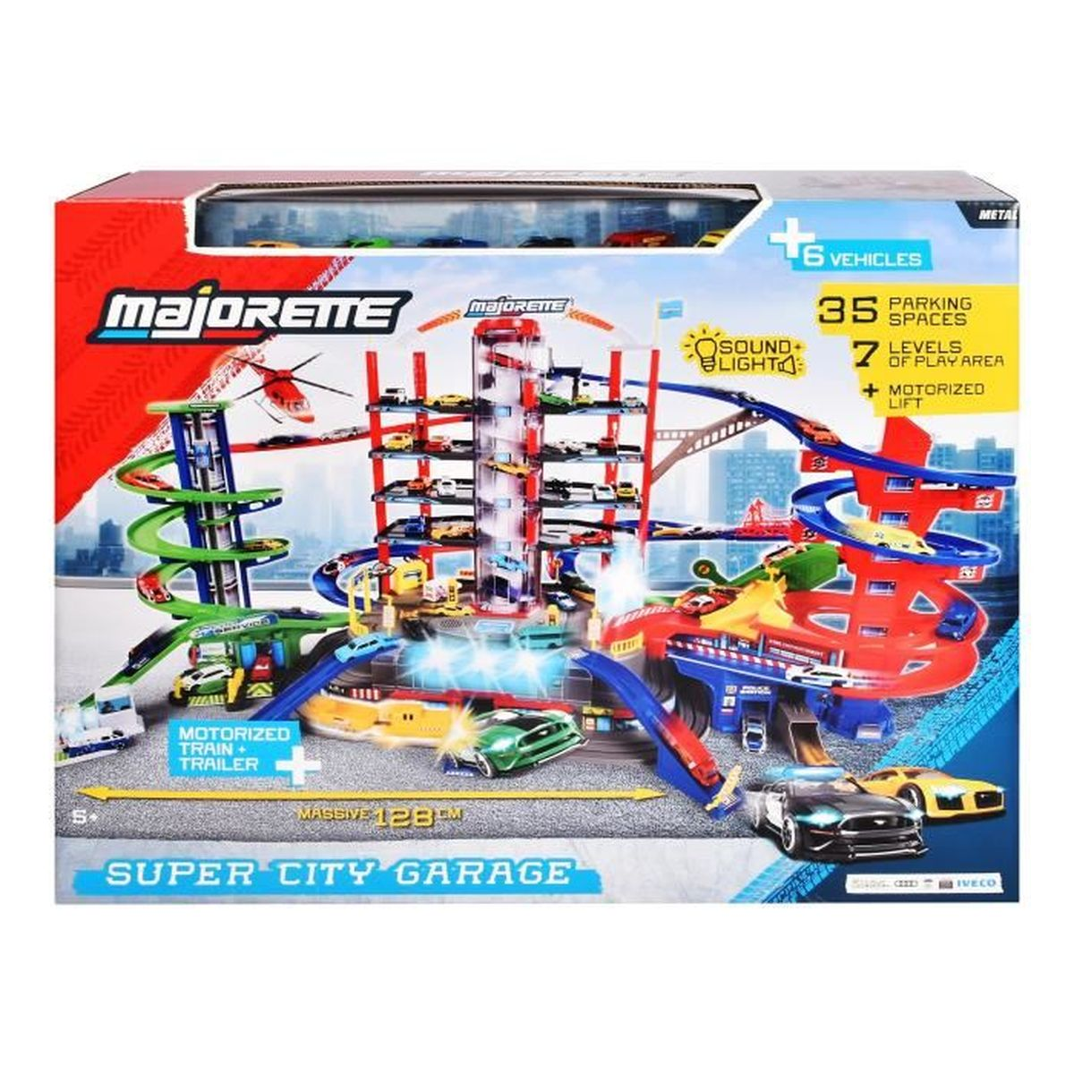 Ein Majorette Super City Garage Spielzeugset. Enthält mehrere Ebenen, Rampen, einen motorisierten Aufzug und Spielzeugautos.