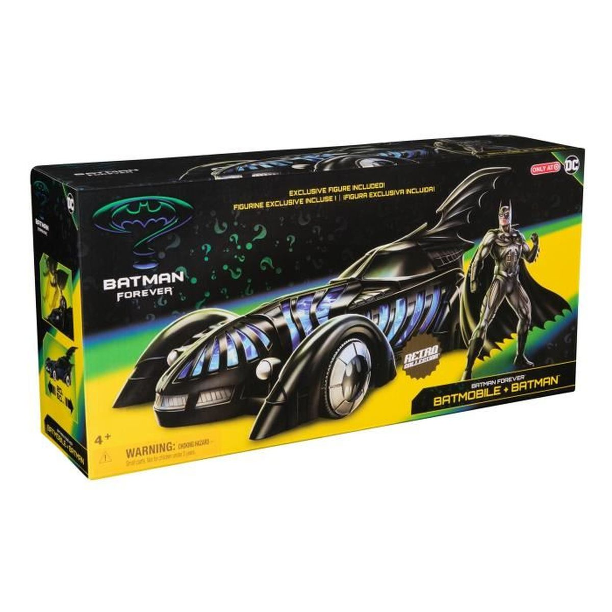 Eine Batman Forever-Spielzeugkiste zeigt das Batmobil und die Batman-Figur. Es hat das Batman-Logo und sagt 'Exklusive Figur enthalten'.
