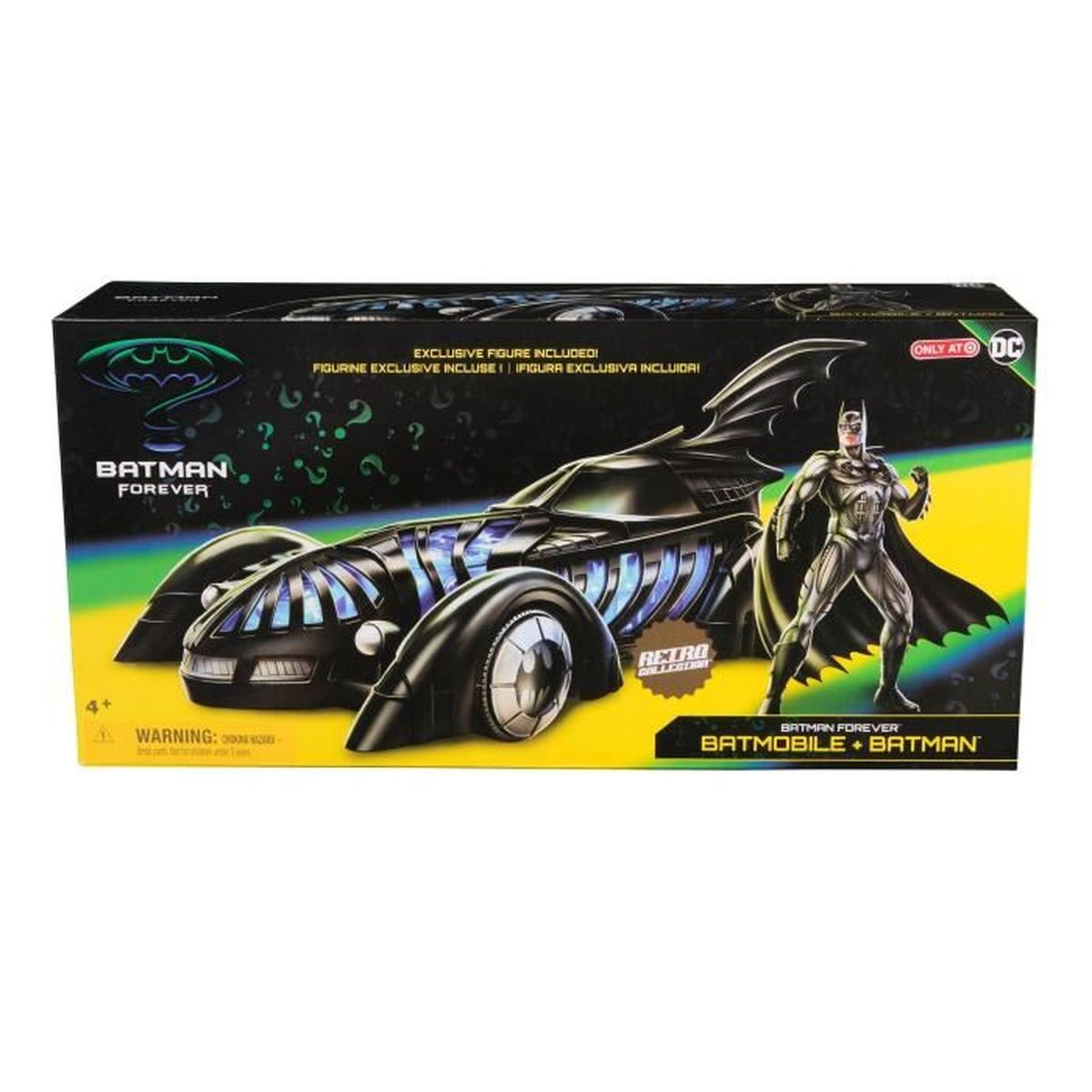 Eine Batman Forever-Spielzeugkiste. Sie zeigt das Batmobil und die Batman-Figur. Die Box ist schwarz mit dem Batman-Logo und Text.