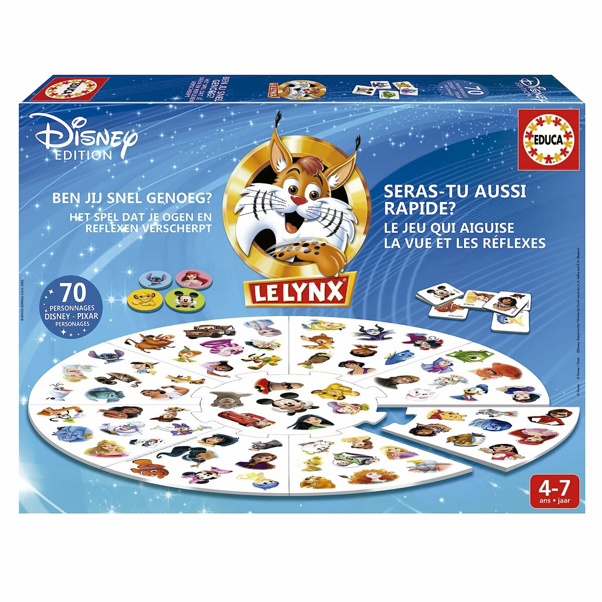 Ein Disney-Brettspiel mit Lynx-Illustration und Charakterbildern. Das Spiel beinhaltet Karten und ein Puzzle.