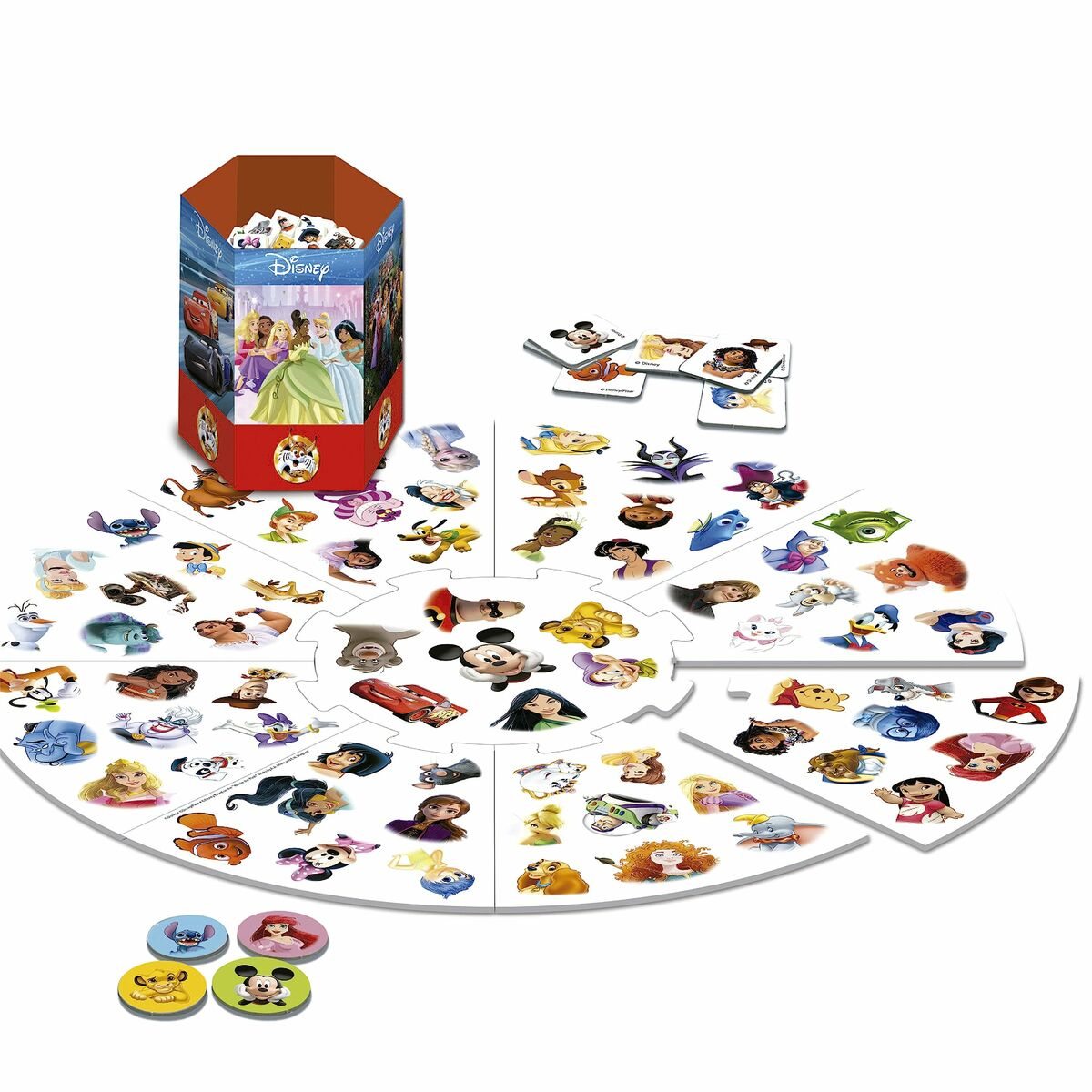 Ein Disney-Zuordnungsspiel mit Charakterbildern. Enthält eine rote Box, Spielsteine und runde Spielmarken mit Disney-Figuren.