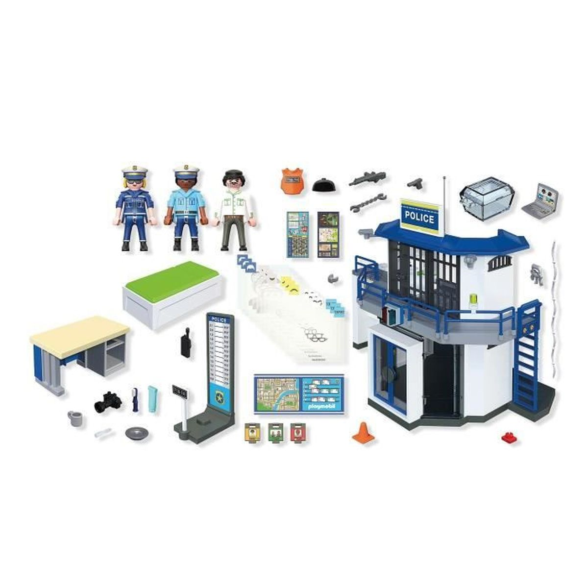 Un set de estación de policía Playmobil con figuras, escritorio, accesorios y un edificio de dos pisos. Incluye una placa de policía y una computadora.