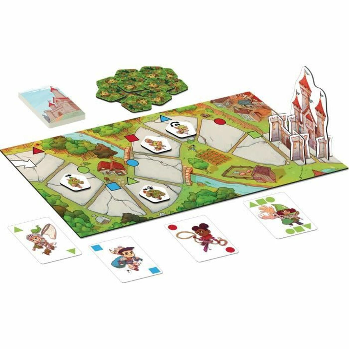 Brettspiel mit Karten und Spielsteinen. Ein Schloss, Karten mit Figuren und ein Spielbrett mit Wegen und Feldern sind sichtbar.