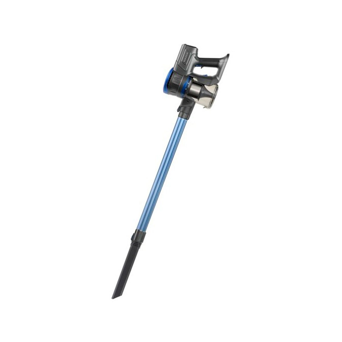 Un aspirapolvere senza fili con manico e tubo blu, ugello nero e unità motore grigia, su sfondo bianco.