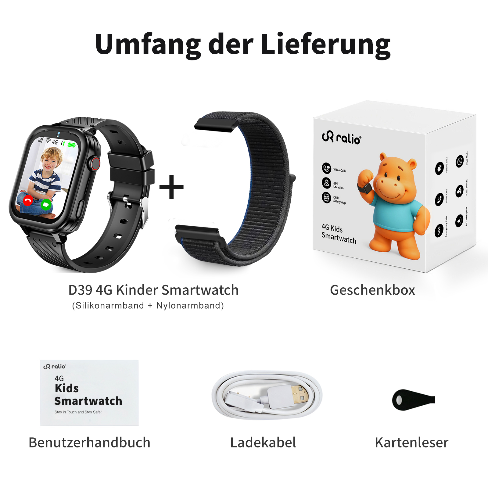 Das Bild zeigt eine Smartwatch, einen Riemen, eine Box, ein Handbuch, ein Kabel und einen Leser. Die Smartwatch zeigt ein Kind. Alles ist schwarz und weiß.