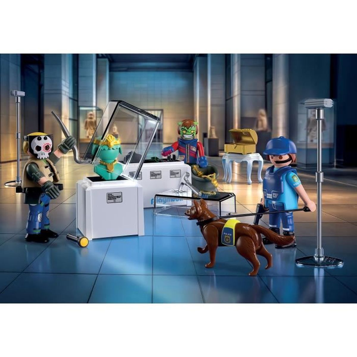 Escena de museo con figuras de Playmobil. Se ven un oficial de policía con un perro, un ladrón y un tesoro, junto con estatuas.