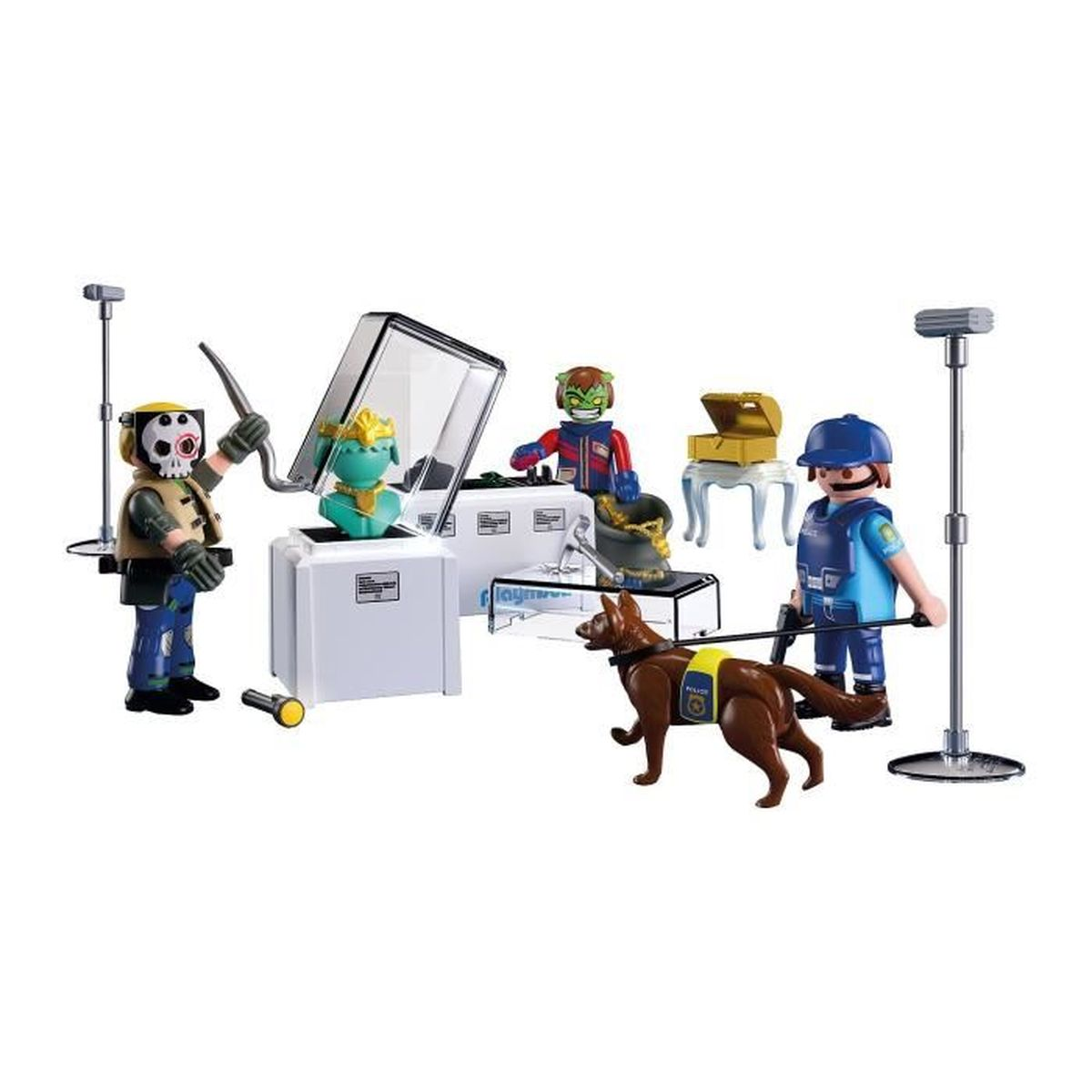 Un set de Playmobil con figuras, un perro y accesorios como un cofre del tesoro y una vitrina.