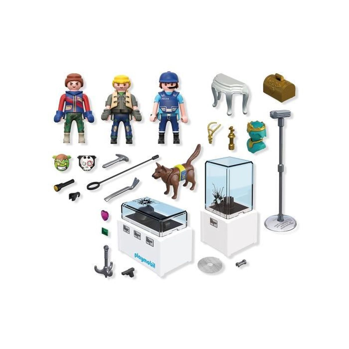 Figuras de Playmobil, un perro, herramientas, vitrinas y accesorios están dispuestos sobre un fondo blanco.