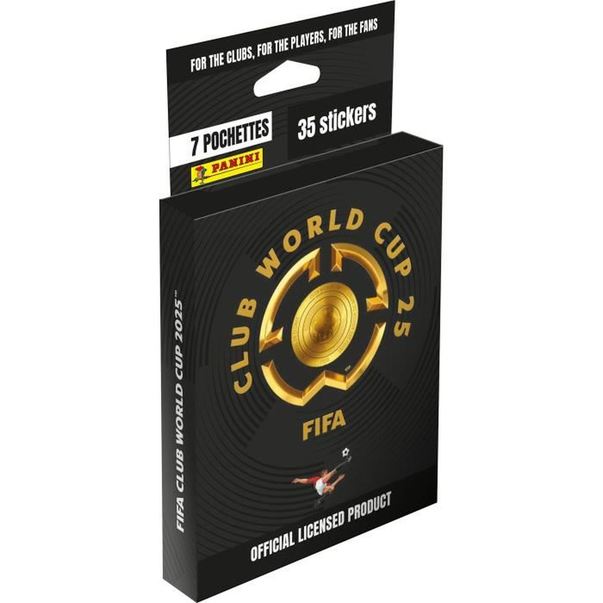 Ein Panini-Stickerpack für die FIFA Klub-Weltmeisterschaft 2025. Es enthält 7 Päckchen mit 35 Stickern. Schwarz, Gold und Rot sind sichtbar.