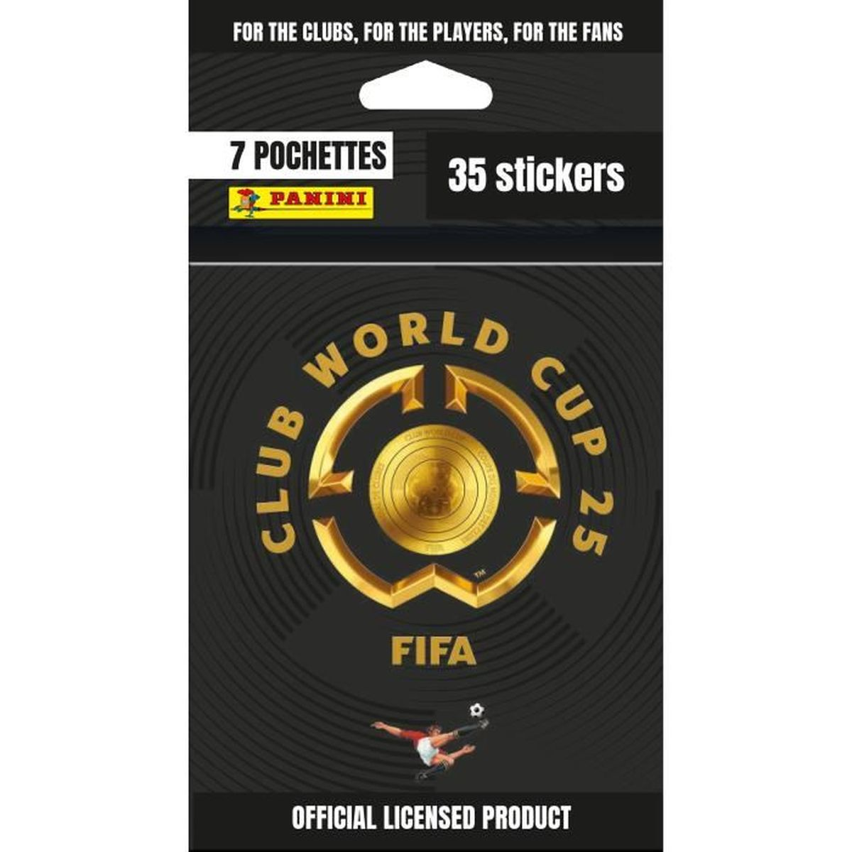 Ein Panini-Stickerpaket für die Klub-Weltmeisterschaft. Es zeigt ein goldenes Logo, ein Fußballspielerbild und den Text: 7 pochettes, 35 Sticker.