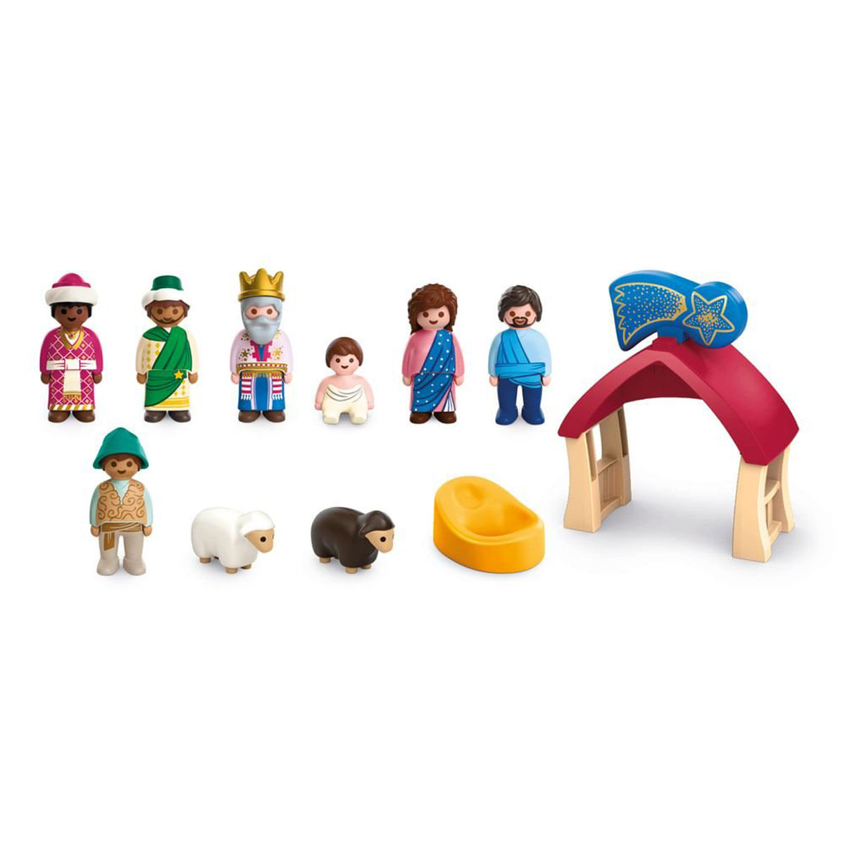 Un belén con figuras de los tres reyes magos, María, José, el niño Jesús, ovejas y un establo.