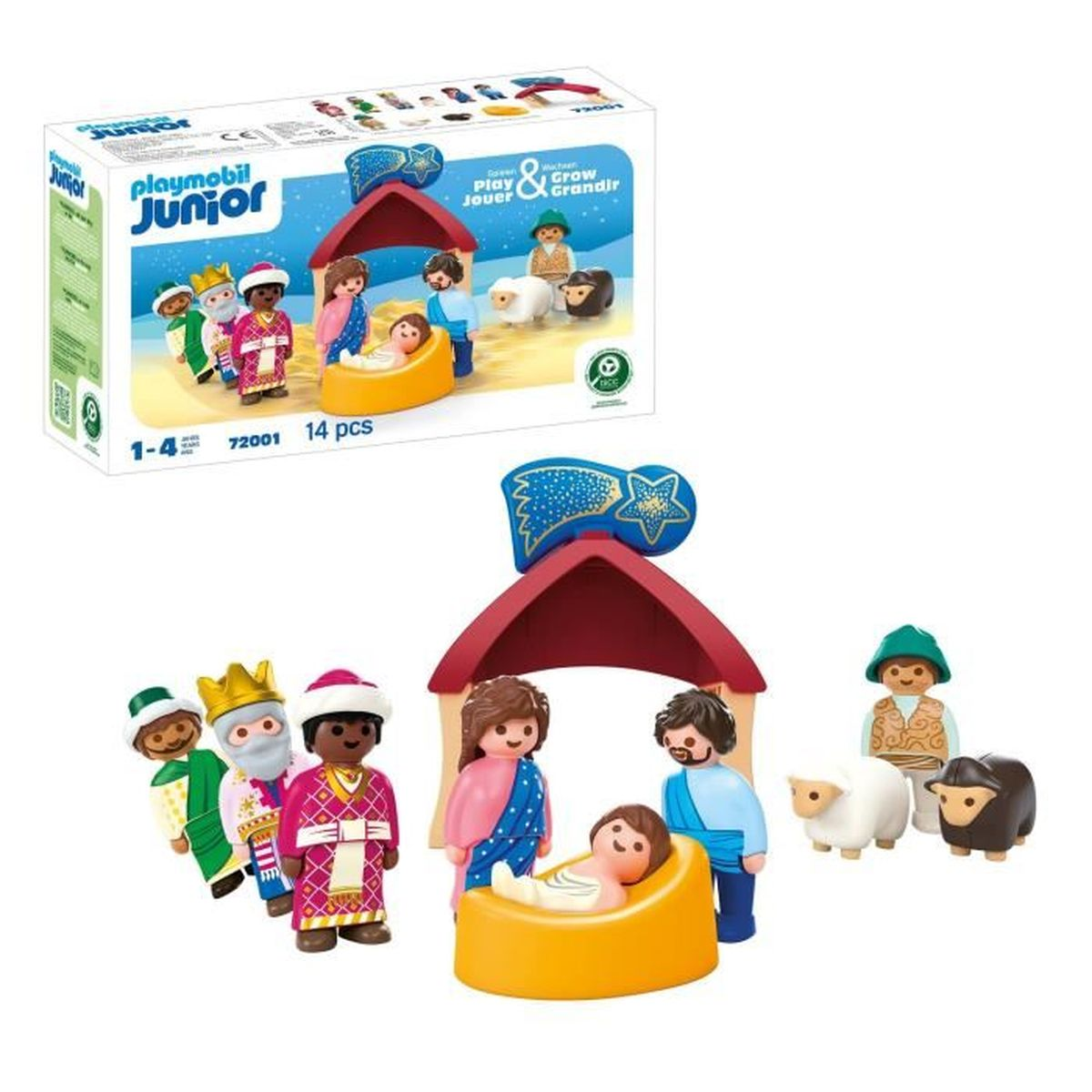 Set de Playmobil Junior del nacimiento. Figuras de los Reyes Magos, padres, bebé y animales bajo un techo rojo. Caja detrás.