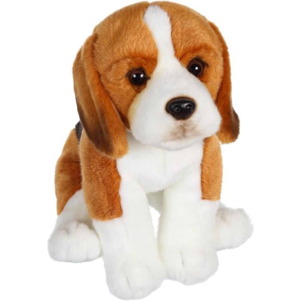 Un perro beagle de peluche. Tiene pelaje marrón, blanco y negro, ojos negros grandes y nariz negra. Está sentado.