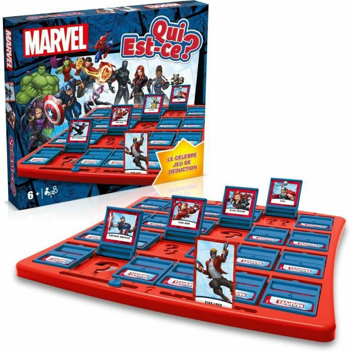 Marvel's 'Wie is het?' spel. Rood bord met karakterkaarten en een doos met Marvel helden. Kaarten tonen Captain America, Iron Man en Star-Lord.