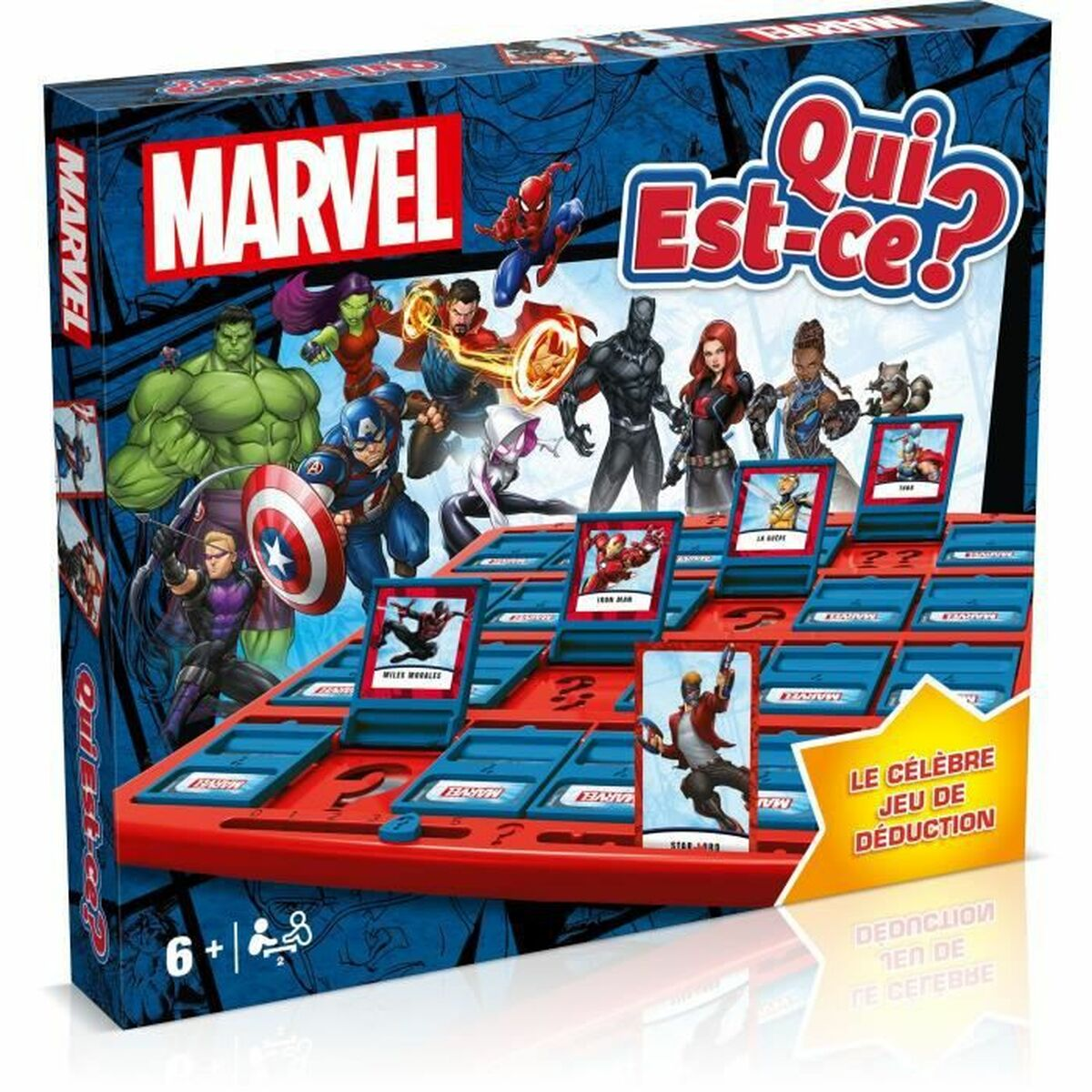 Marvel's 'Wie is het?' speldoos. Toont Marvel-personages en het spelbord. Doos is blauw en rood.