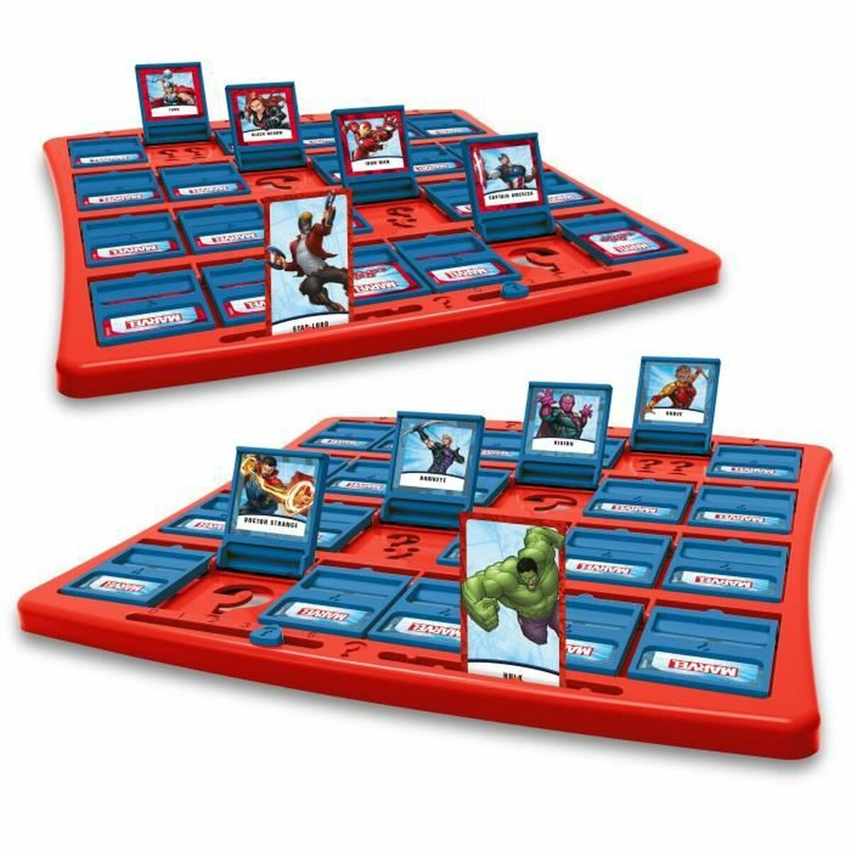 Twee rode Marvel Guess Who? spelborden met karakterkaarten. Kaarten tonen superhelden zoals Star-Lord, Hulk, Captain America en anderen.