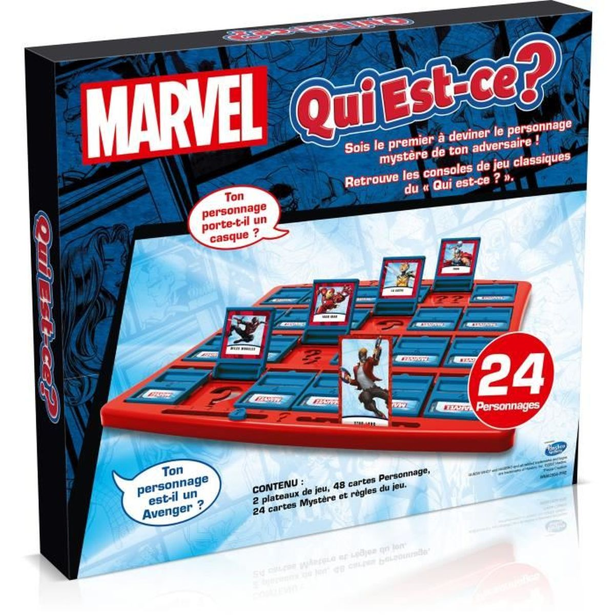 Marvel's Qui Est-ce? gamebox. Het toont het spel met karakterkaarten. De doos is zwart met rode en blauwe spelelementen.