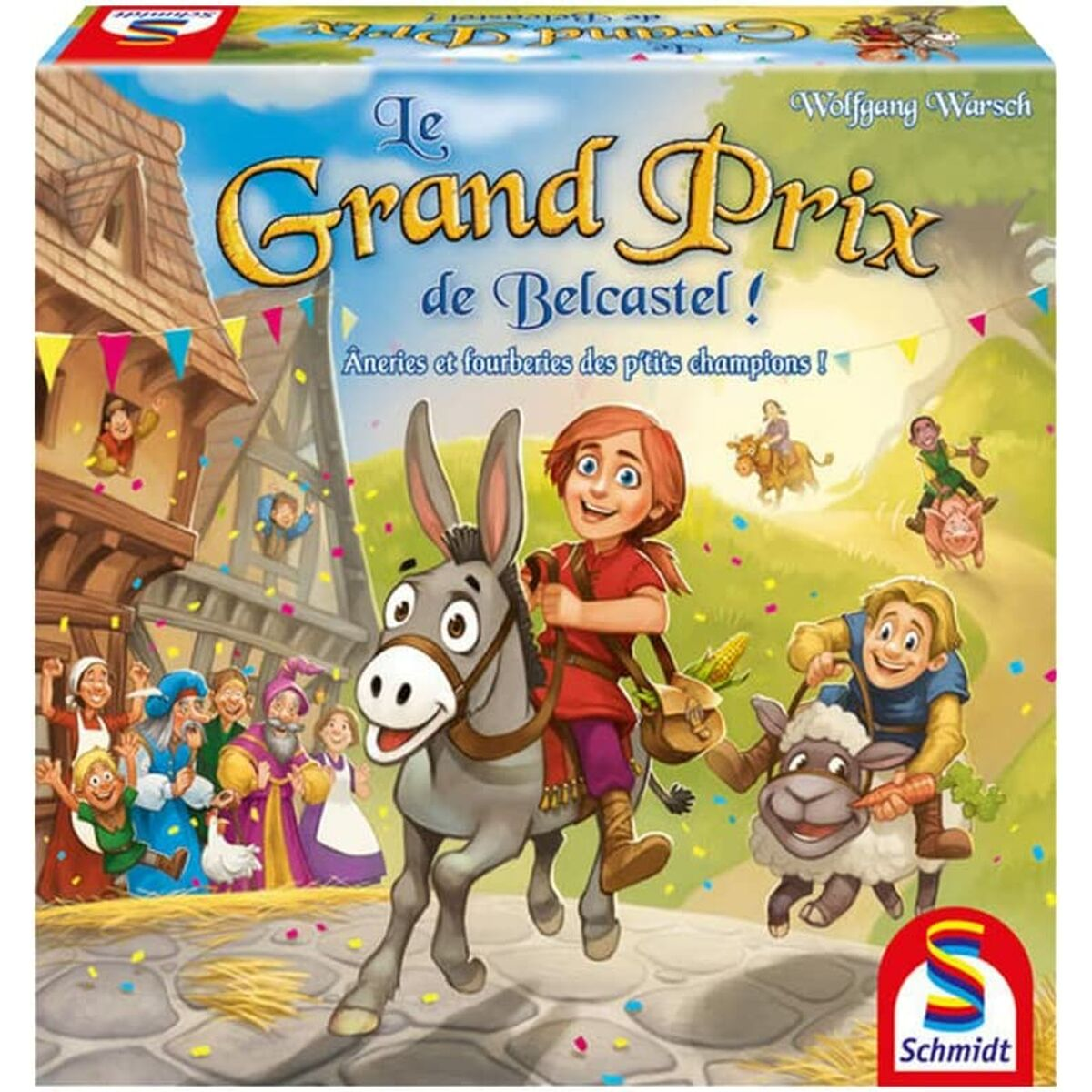Spelbox kunst. Een jongen rijdt op een ezel. Een ander rijdt op een schaap. Mensen juichen. Gebouwen en confetti op de achtergrond. Titel: Le Grand Prix.