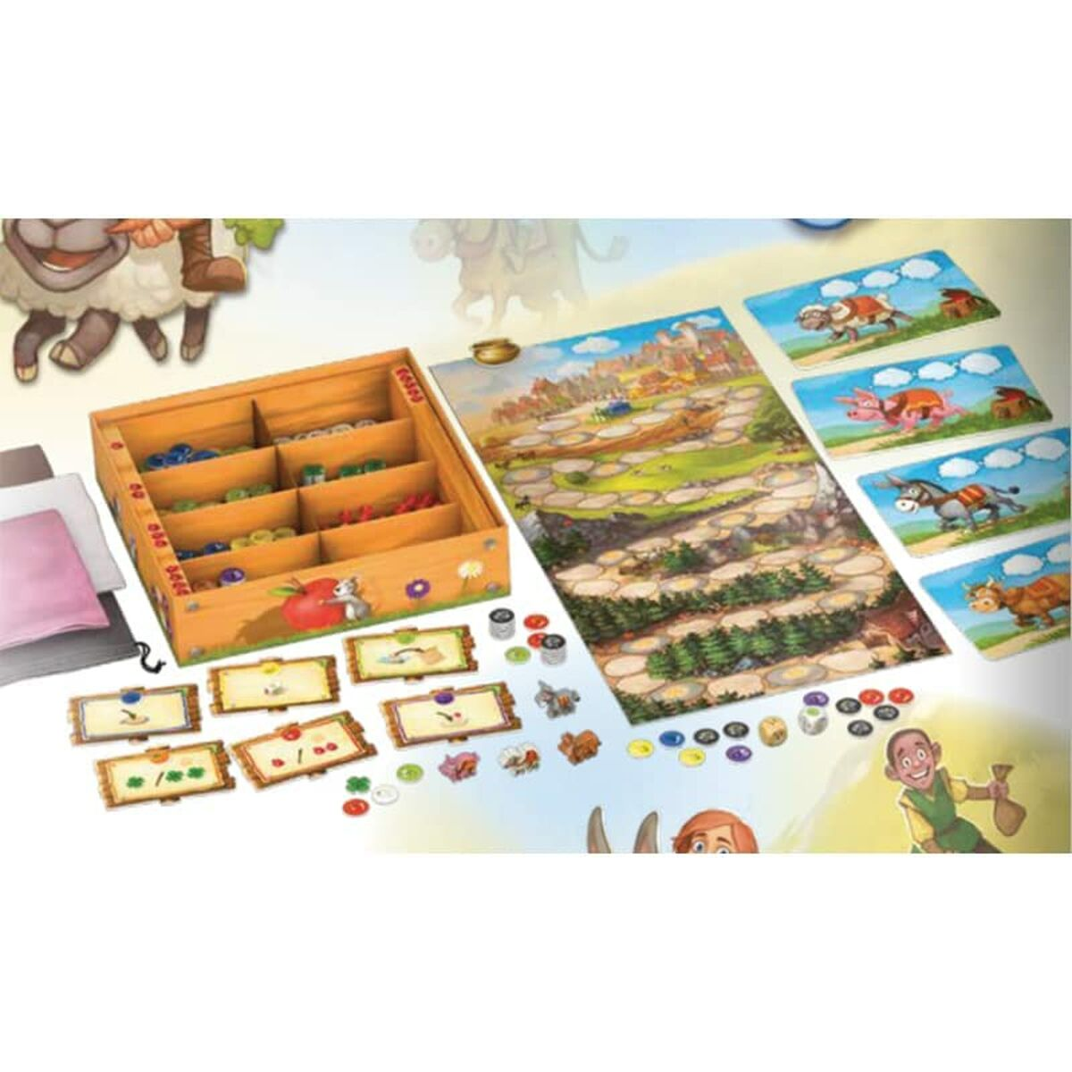 Een bordspel met een houten doos, spelbord, kaarten en fiches. Kleurrijke illustraties tonen dieren en een dorpsscène.