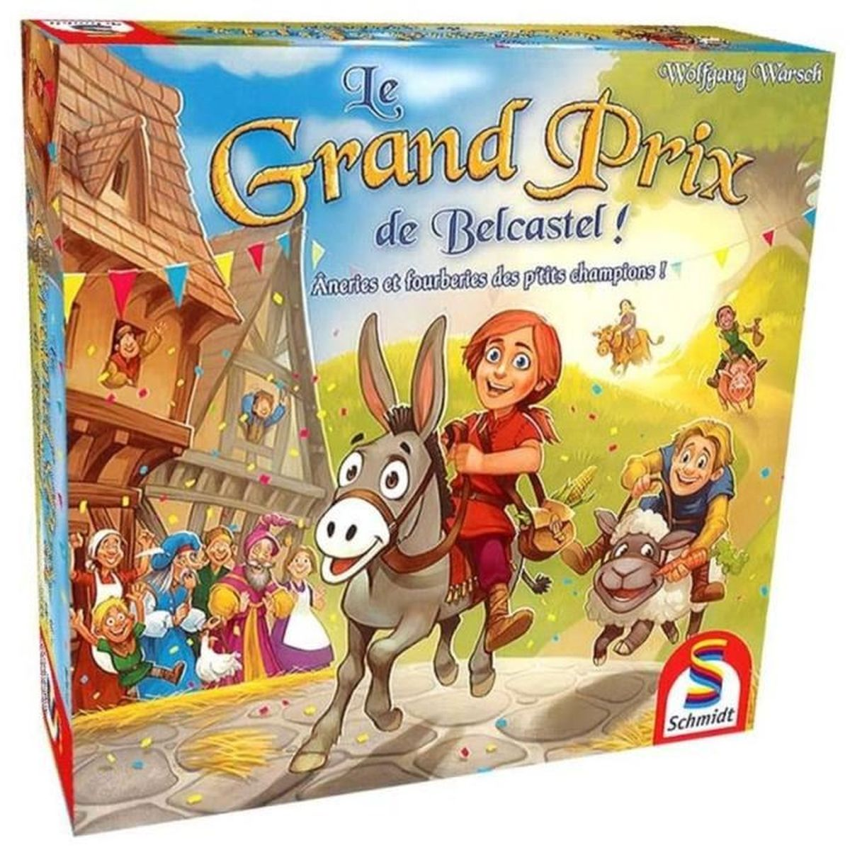 Een speldoos met de titel Le Grand Prix de Belcastel. Het toont een jongen op een ezel, een ander op een schaap en een toeschouwende menigte.