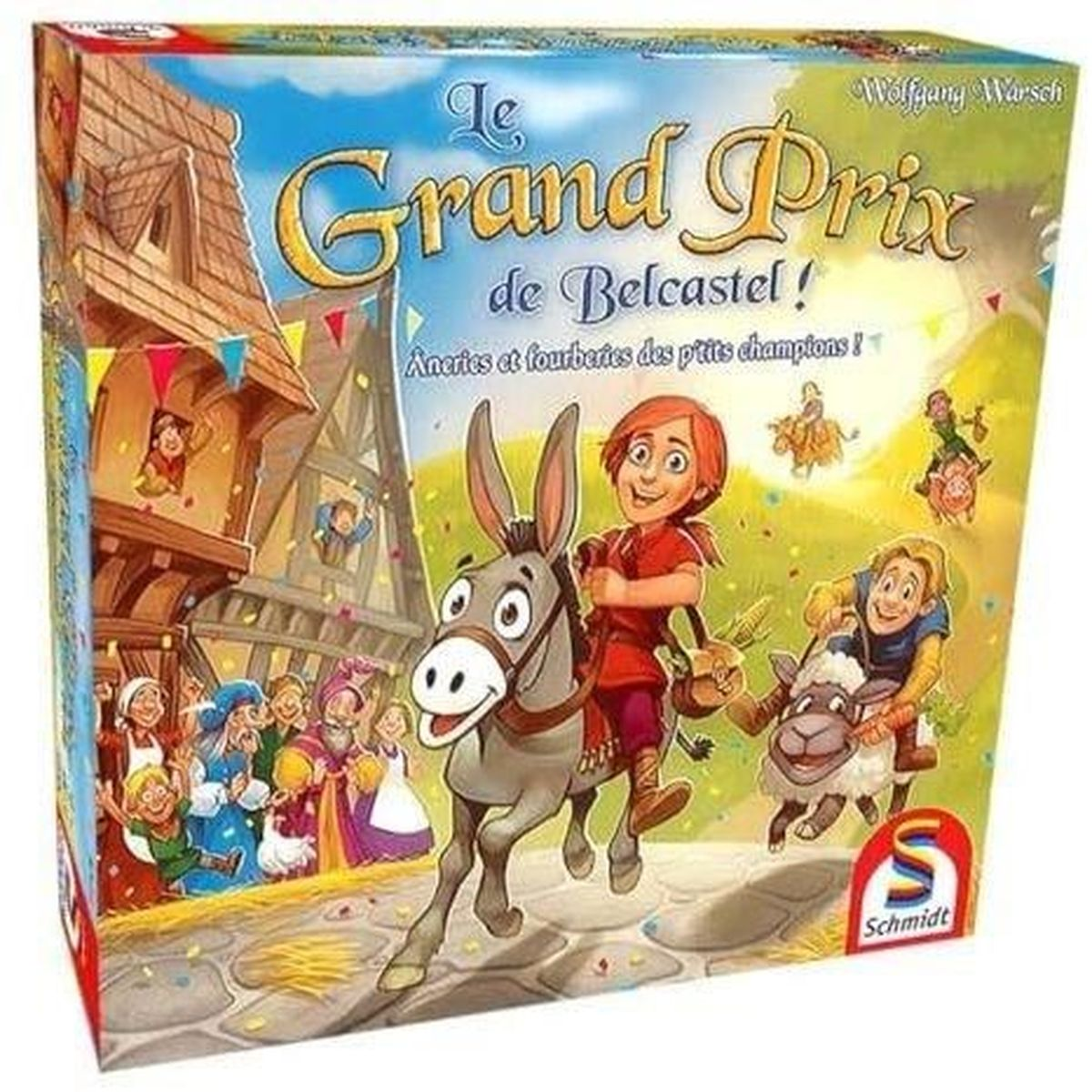 Doosontwerp voor een bordspel. Een jongen rijdt op een ezel, een ander op een schaap. Een menigte kijkt toe bij gebouwen.