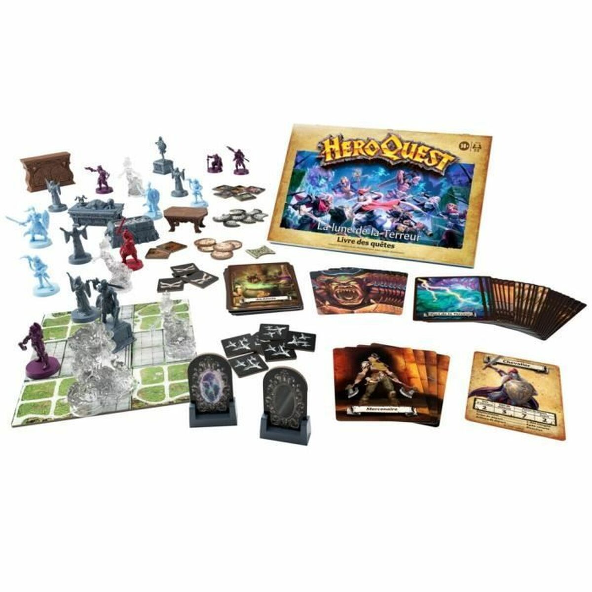 Brettspiel Hero Quest, mit Spielfiguren, Karten und einem Buch mit dem Titel La Lune de la Terreur. Miniaturen und Spielkomponenten.